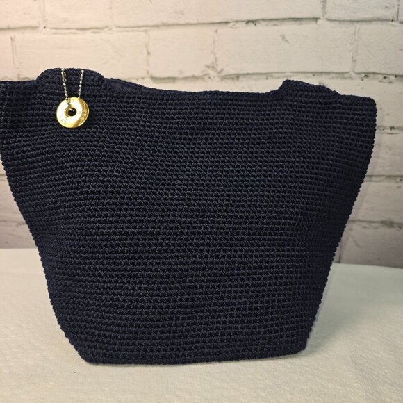 THE SAK NAVY CROCHETED DOUBLE STRAP BUCKET SHOULDER BAG PURSE EUC - Picture 6 of 10